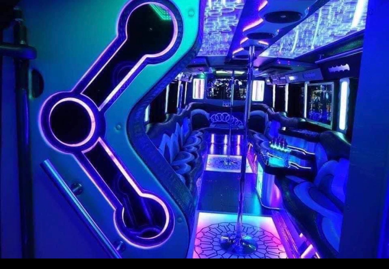 Luxury party bus interior with LED lighting